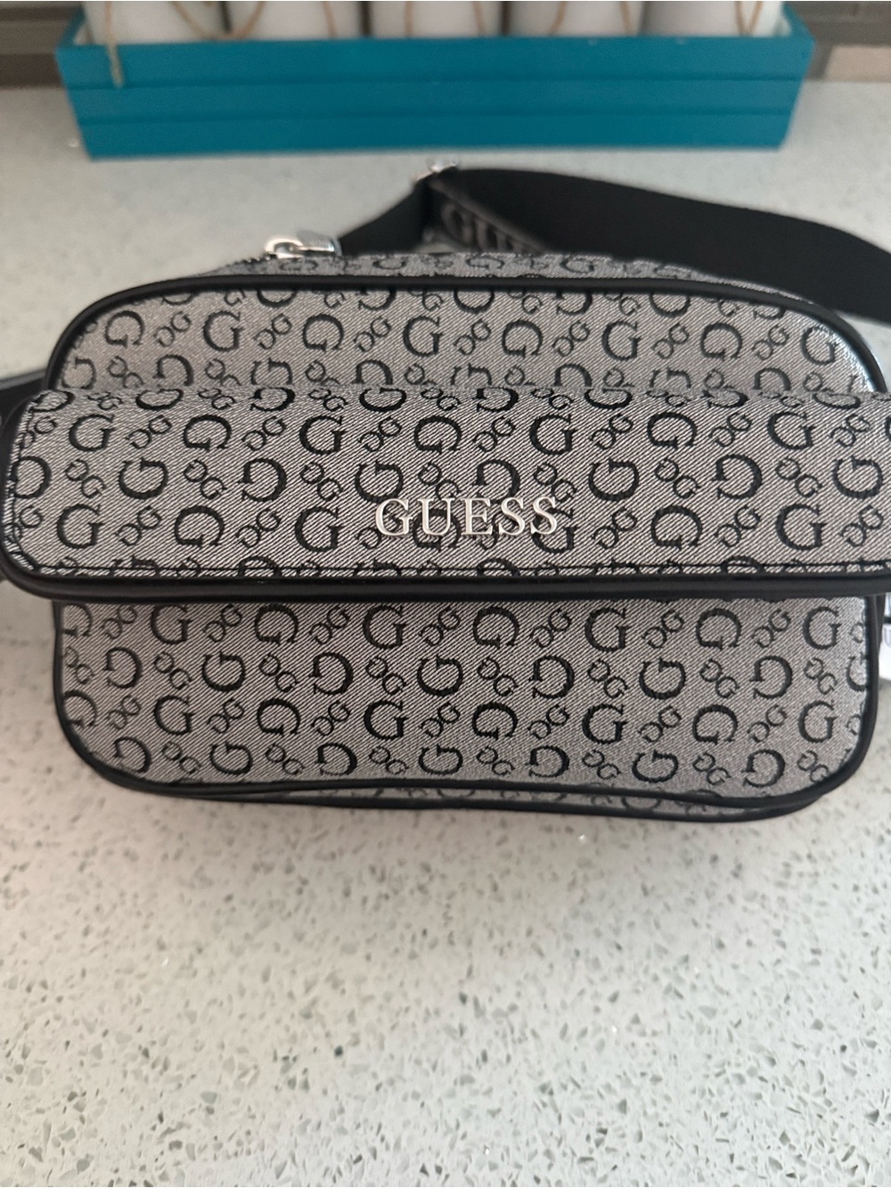 Guess Logo-Print Crossbody Bag in White and Black - Picture 1 of 6